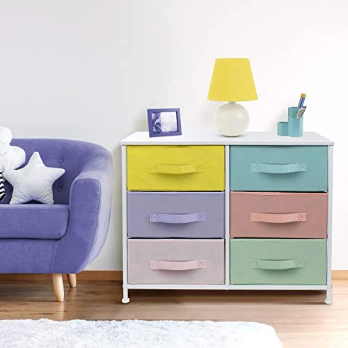 Sorbus Dresser With 6 Drawers - Furniture Storage Tower Unit For Bedroom, Hallway, Closet, Office Organization - Steel Frame, Wood Top, Easy Pull Fabric Bins (Pastel/White) 4 Sorbus Dresser With 6 Drawers - Furniture Storage Tower Unit For Bedroom, Hallway, Closet, Office Organization - Steel Frame, Wood Top, Easy Pull Fabric Bins (Pastel/White) - Image 2