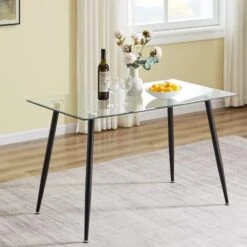 Modern Glass Dining Table, Kitchen Table For 2 And 4, Multifunctional Desk For Dining Room, Kitchen, Home Office, Living Room, Apartment (Black Rectangle Glass Table, 47.2 X 27.5 X 29.5 In)
