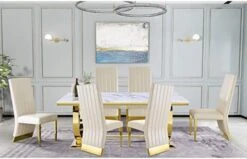 Anewsun 5 Pieces Black Gold Dining Table Set, Black Texture Top Dining Room Table With 4 White Leather Upholstered Chairs, 72" Rectangular Dining Table Set For 4 -Amazon Store 414XcBmbUNL. AC