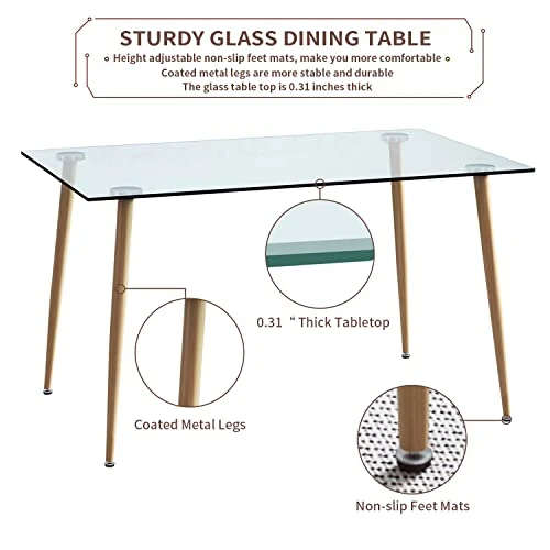 Glass Dining Table For 4 With 47 Inch Clear Rectangular Glass Top, 0.31" Modern Tempered Glass Kitchen Table Furniture With 4 Light Wood Grain Coated Metal Legs For Home Office Kitchen Dining Room 6 Glass Dining Table For 4 With 47 Inch Clear Rectangular Glass Top, 0.31" Modern Tempered Glass Kitchen Table Furniture With 4 Light Wood Grain Coated Metal Legs For Home Office Kitchen Dining Room - Image 4
