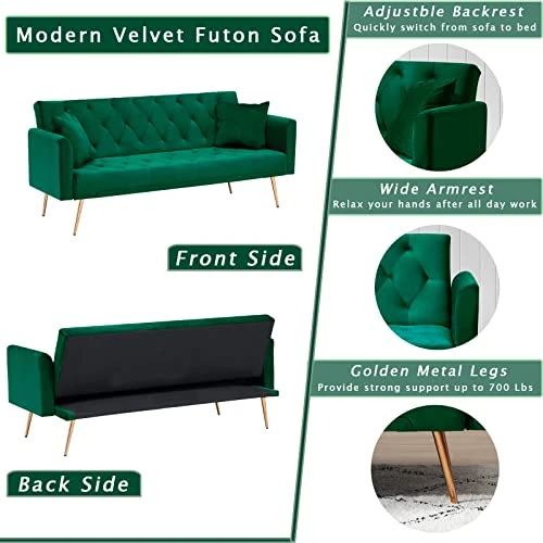 KINFFICT Velvet Futon Sofa Bed With 2 Pillows, Convertible Sleeper Sofa Couch With 3 Angle Adjustable Backrest, Modern Loveseat With 4 Golden Metal Legs For Living Room And Bedroom (Green) 5 KINFFICT Velvet Futon Sofa Bed With 2 Pillows, Convertible Sleeper Sofa Couch With 3 Angle Adjustable Backrest, Modern Loveseat With 4 Golden Metal Legs For Living Room And Bedroom (Green) - Image 3