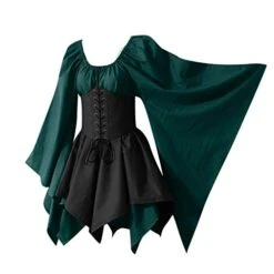 JEGULV Medieval Fairy Cosplay Set Women's Gothic Elf Fairy Short Dresses Renaissance Costumes Halloween Flare Sleeve Dress