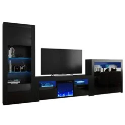 MEBLE FURNITURE & RUGS Milano Set 145EF-BK-2D Electric Fireplace Modern Wall Unit Entertainment Center
