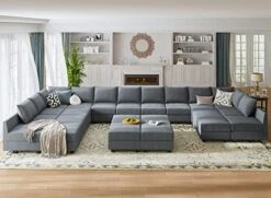 HONBAY Oversized Modular Sofa Couch With Ottoman U Shape Couch With Chaise Sleeper Sofa With Storage Seats, Bluish Grey