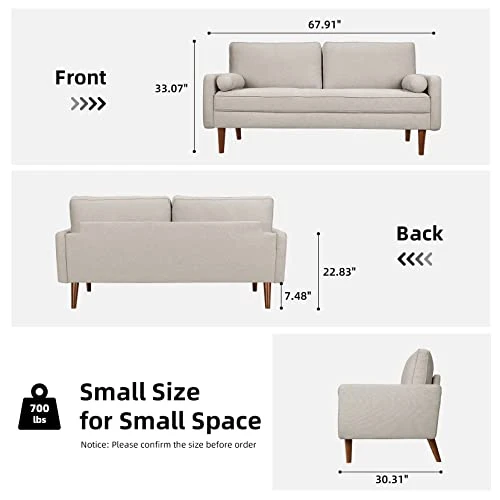 Koorlian Beige Small Couches, 68 Inch Fabric Loveseat Sofa, 2 Seater Couch For Small Space, Button Tufted Seat Cushion, Square Armrest, 2 Throw Pillows, Modern Sofa For Bedroon, Living Room, Apartment 4 Koorlian Beige Small Couches, 68 Inch Fabric Loveseat Sofa, 2 Seater Couch For Small Space, Button Tufted Seat Cushion, Square Armrest, 2 Throw Pillows, Modern Sofa For Bedroon, Living Room, Apartment - Image 2