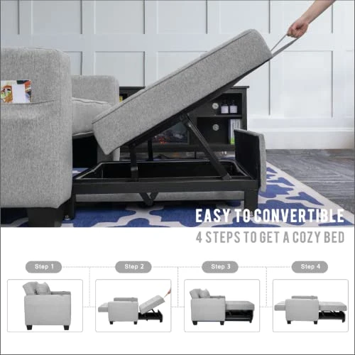 DURASPACE Futon Sofa Bed, 3 In 1 Convertible Sofa Chair Bed, Adjustable Backrest Chair, Chaise Lounge With USB Ports, Cup Holder, Side Pocket, Storage Box For Living Room (Light Gray Linen) 8 DURASPACE Futon Sofa Bed, 3 In 1 Convertible Sofa Chair Bed, Adjustable Backrest Chair, Chaise Lounge With USB Ports, Cup Holder, Side Pocket, Storage Box For Living Room (Light Gray Linen) - Image 6