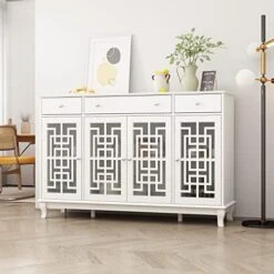 Homsee Buffet Sideboard Storage Cabinet With Mirror Doors, 3 Drawers & 6 Storage Compartments, Kitchen Cupboard Console Table For Hallway And Living Room, White (55.1”L X 15.7”W X 35.4”H) -Amazon Store 415vsK anHL. AC