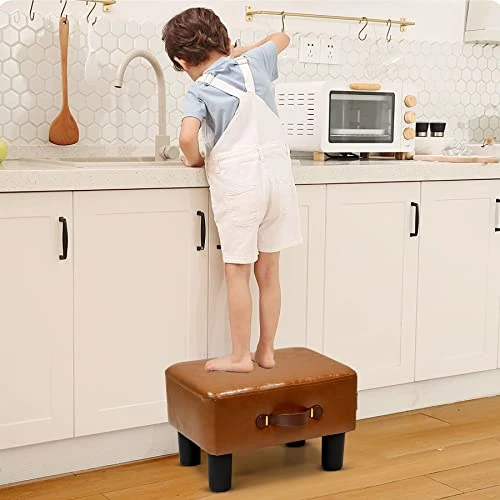 H&B Luxuries Footstool Small Ottoman, PU Leather Small Ottoman Foot Rest,16.14" Extended Rectangular Footstool With Carry,Ottoman For Living Room, Bedroom, Couch,Patio,Cloakroom (Light Brown) 5 H&B Luxuries Footstool Small Ottoman, PU Leather Small Ottoman Foot Rest,16.14" Extended Rectangular Footstool With Carry,Ottoman For Living Room, Bedroom, Couch,Patio,Cloakroom (Light Brown) - Image 3