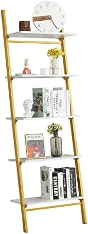 MELLCOM 5 Tier Industrial Ladder Shelf, Wood Modern Bookshelf With Golden Metal Frame, Wall-Mounted Plant Flower Storage Organizer For Living Room, Bathroom, Kitchen, Balcony 12 MELLCOM 5 Tier Industrial Ladder Shelf, Wood Modern Bookshelf With Golden Metal Frame, Wall-Mounted Plant Flower Storage Organizer For Living Room, Bathroom, Kitchen, Balcony - Image 10
