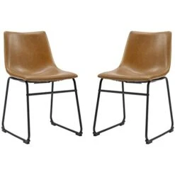Walker Edison Douglas Urban Industrial Faux Leather Armless Dining Chairs, Set Of 2, Whiskey Brown