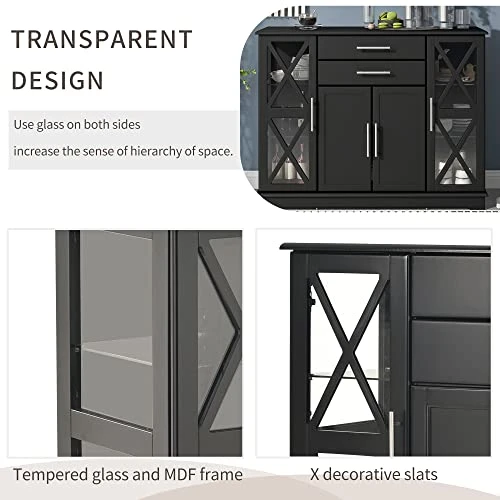 Harper & Bright Designs Storage Cabinet, Stylish Functional Sideboard With Tempered Glass Large Storage Space Adjustable Shelves Buffet, For Entryway/Kitchen/Living Room/Bedroom, Black 4 Harper & Bright Designs Storage Cabinet, Stylish Functional Sideboard With Tempered Glass Large Storage Space Adjustable Shelves Buffet, For Entryway/Kitchen/Living Room/Bedroom, Black - Image 2