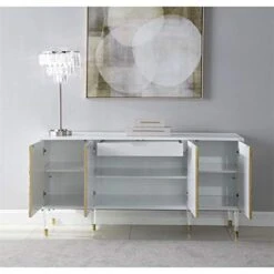 Meridian Furniture Bellissimo Collection Modern | Contemporary Lacquer Sideboard/Buffet Tipped Acrylic Legs Wood Design, 64" W X 18" D X 31" H, White/Gold -Amazon Store 416IcElYylL