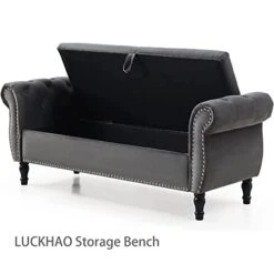 LUCKHAO Storage Bench For Bedroom End Of Bed, 63" Long Velvet Tufted Upholstered Storage Ottoman Bench For Bedroom, Rolled Arm Nailhead Trim With Pillow(Grey) -Amazon Store 416JuqacsLL