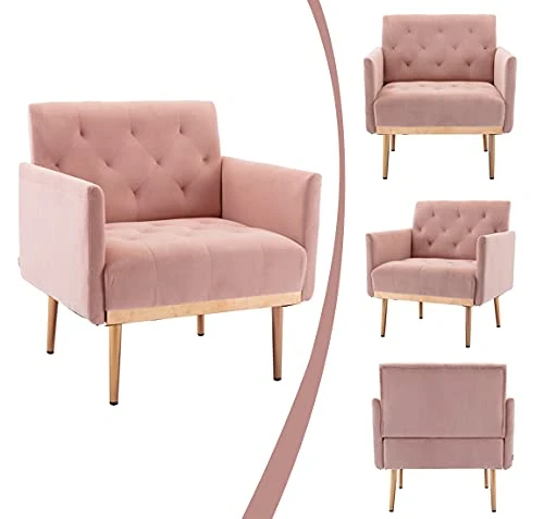 SLEERWAY Modern Velvet Single Sofa Chair, Upholstered Accent Living Room Chair, Comfy Armchair With Rose Golden Metal Legs, Tufted Chair For Reading Or Lounging (Pink) 6 SLEERWAY Modern Velvet Single Sofa Chair, Upholstered Accent Living Room Chair, Comfy Armchair With Rose Golden Metal Legs, Tufted Chair For Reading Or Lounging (Pink) - Image 4