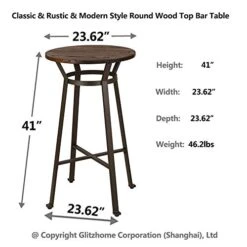 Glitzhome Rustic Steel Bar Table Round Wood Top And Dark Grey Adjustable Swivel Bar Stool With Back Support,Set Of 3 -Amazon Store 416XLjGmqQL