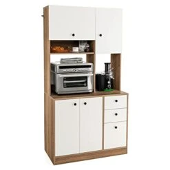 LOKO 71” Tall Kitchen Pantry Storage Cabinet, Freestanding Buffet Hutch With Doors, Adjustable Shelves, 3 Drawers And Microwave Stand, Kitchen Hutch For Dining Room, Living Room (White & Natural)