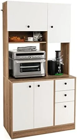 LOKO 71” Tall Kitchen Pantry Storage Cabinet, Freestanding Buffet Hutch With Doors, Adjustable Shelves, 3 Drawers And Microwave Stand, Kitchen Hutch For Dining Room, Living Room (White & Natural) -Amazon Store 416Xih0UmkL. AC
