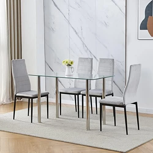 Nozama Rectangular Dining Table Chair Set Space Saving Dining Room Home Furniture Transparent Glass Stainless Steel Metal Legs For 4 People Flannal Black 14 Nozama Rectangular Dining Table Chair Set Space Saving Dining Room Home Furniture Transparent Glass Stainless Steel Metal Legs For 4 People Flannal Black - Image 12