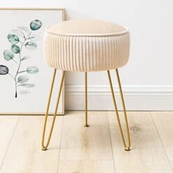 Modern Velvet Round Footstool Ottoman, Peacock Blue Velvet Ottoman Vanity Stool Foot Rest With Gold Legs, Upholstered Pleated Vanity Chair Ottoman, Makeup Stools For Vanity, Footrest For Living Room -Amazon Store 416sRoIXwXL. AC