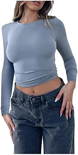 Women Slim Fit Crop Top Long Sleeve Crew Neck Basic T-Shirts With Thumb Holes Sexy Solid Pullover Blouse Top Tee Tops 8 Women Slim Fit Crop Top Long Sleeve Crew Neck Basic T-Shirts With Thumb Holes Sexy Solid Pullover Blouse Top Tee Tops - Image 6