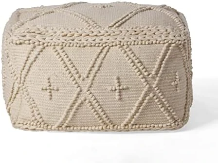 Christopher Knight Home Nina Large Square Casual Pouf, Boho, White Wool And Cotton 7 Christopher Knight Home Nina Large Square Casual Pouf, Boho, White Wool And Cotton - Image 5