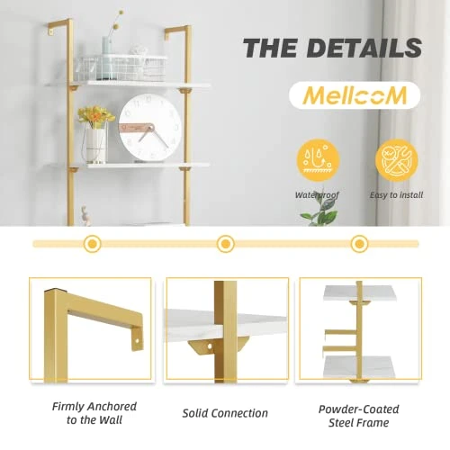 MELLCOM 5 Tier Industrial Ladder Shelf, Wood Modern Bookshelf With Golden Metal Frame, Wall-Mounted Plant Flower Storage Organizer For Living Room, Bathroom, Kitchen, Balcony 7 MELLCOM 5 Tier Industrial Ladder Shelf, Wood Modern Bookshelf With Golden Metal Frame, Wall-Mounted Plant Flower Storage Organizer For Living Room, Bathroom, Kitchen, Balcony - Image 5