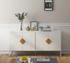 63 Inch Wide Buffet Kitchen Sideboard Storage Cabinet, Floor Cupboard With 4 Doors, Free Standing Accent Cabinet For Living Room, Solid Wood Square Handle Double Storage Sideboard, White