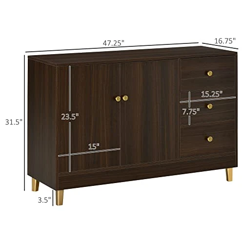 HOMCOM Modern Sideboard, Storage Cabinet, Accent Cupboard With 3 Drawers, Adjustable Shelf For Kitchen, Living Room, Brown 5 HOMCOM Modern Sideboard, Storage Cabinet, Accent Cupboard With 3 Drawers, Adjustable Shelf For Kitchen, Living Room, Brown - Image 3