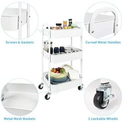3-Tier Rolling Utility Cart With Caster Wheels,Easy Assembly, For Kitchen, Bathroom (White)