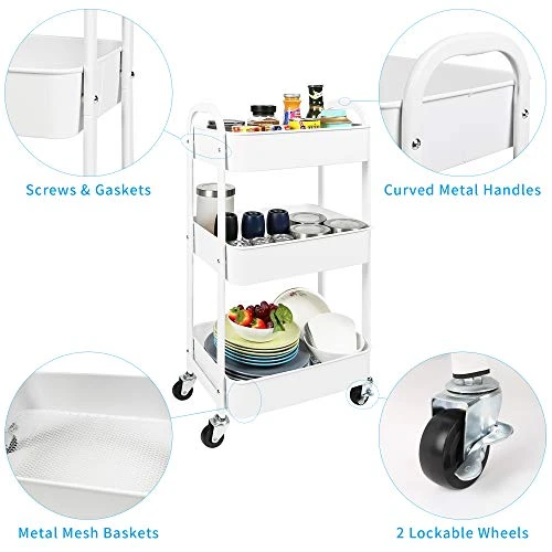 3-Tier Rolling Utility Cart With Caster Wheels,Easy Assembly, For Kitchen, Bathroom (White) 3 3-Tier Rolling Utility Cart With Caster Wheels,Easy Assembly, For Kitchen, Bathroom (White)