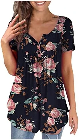 Going Out Tops For Women Floral Printed Hide Belly Tunic Blouses Casual V Neck Buttons Pullover Short Sleeve T-Shirts 17 Going Out Tops For Women Floral Printed Hide Belly Tunic Blouses Casual V Neck Buttons Pullover Short Sleeve T-Shirts - Image 15