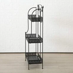 WHW Whole House Worlds Farmers Favorite 3 Tier Rack, Plant Stand, Black Powder Coated Iron, Punched Floral Fold-Out Rimmed Shelves, Finial Top Details, 23 1/2 L X 11 W X 48 H Inches, -Amazon Store 417eYXMqRdL