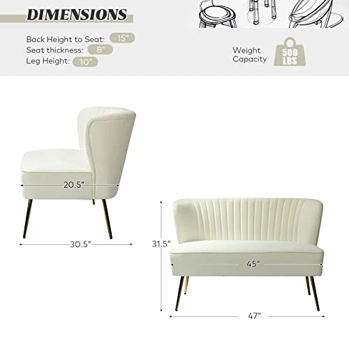 HULALA HOME Velvet Loveseat Sofa With Gold Legs, Mid-Century Modern Upholstered Love Seat Couch, Tufted Small 2-Seat Sofa Armless For Living Room, Bedroom, Apartment Small Spaces, Ivory 4 HULALA HOME Velvet Loveseat Sofa With Gold Legs, Mid-Century Modern Upholstered Love Seat Couch, Tufted Small 2-Seat Sofa Armless For Living Room, Bedroom, Apartment Small Spaces, Ivory - Image 2