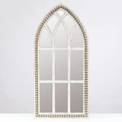 LuxenHöme Rustic Wood Cathedral Wall Mirror, Window Pane Wall Decor, Large Farmhouse Wall Decorations For Living Room Bedroom, 39 Inch, White/Wood