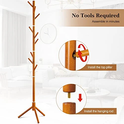 NicQliear Wooden Freestanding Coat Rack With 9 Hooks, Adjustable Coat Rack Stand 69.3" To Hang Clothes/Bags/Hats, Standing Coat Tree Perfect For Bedroom/Entryway/Hallway, Easy Assembly, Brown 4 NicQliear Wooden Freestanding Coat Rack With 9 Hooks, Adjustable Coat Rack Stand 69.3" To Hang Clothes/Bags/Hats, Standing Coat Tree Perfect For Bedroom/Entryway/Hallway, Easy Assembly, Brown - Image 2