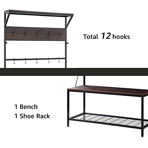 WOODEEM Entryway Bench With Coat Rack Shoe Bench, Mudroom Hall Tree With Bench And Shoe Storage 12 Hooks, Large Size 39" W Popular Walnut Embossed Paper 5 WOODEEM Entryway Bench With Coat Rack Shoe Bench, Mudroom Hall Tree With Bench And Shoe Storage 12 Hooks, Large Size 39" W Popular Walnut Embossed Paper - Image 3