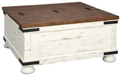 Signature Design By Ashley Wystfield Farmhouse Square Storage Coffee Table With Hinged Lift Top, Distressed White