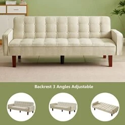 Betoko Linen Futon Sofa Couch 73.6" Fabric Upholstered Convertible Sofa Bed Minimalist Button Tufted Small 3 Seater Sleeper Futon Couch Set For Living Room Bedroom (Beige) -Amazon Store 418AUfqteKL