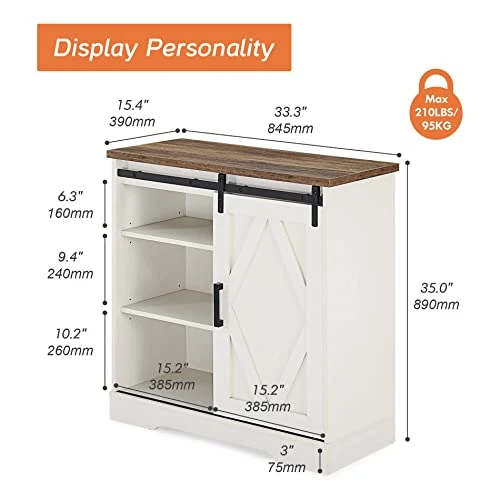 WAMPAT Rusitc Farmhouse Accent Buffet Sideboard Serving Console Cabinet Coffee Bar Entryway Table With Sliding Barn Door, Storage Shelves For Home Kitchen Bathroom, 35 Inch, White 3 WAMPAT Rusitc Farmhouse Accent Buffet Sideboard Serving Console Cabinet Coffee Bar Entryway Table With Sliding Barn Door, Storage Shelves For Home Kitchen Bathroom, 35 Inch, White