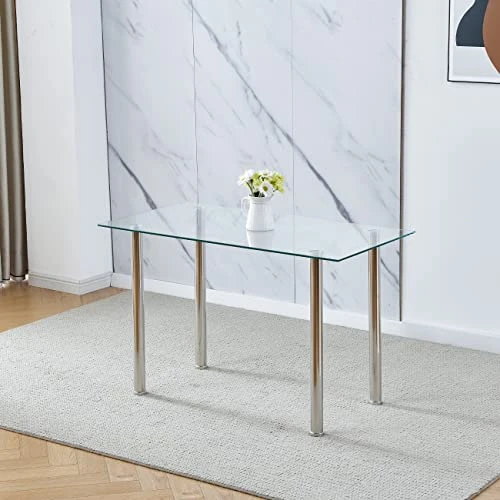 Nozama Rectangular Dining Table Chair Set Space Saving Dining Room Home Furniture Transparent Glass Stainless Steel Metal Legs For 4 People Flannal Black 6 Nozama Rectangular Dining Table Chair Set Space Saving Dining Room Home Furniture Transparent Glass Stainless Steel Metal Legs For 4 People Flannal Black - Image 4