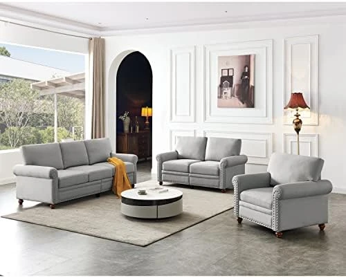 Harper & Bright Designs 3-Piece Living Room Storage Sofa Set With 3-Seat Couch, Loveseat And Single Armchair, Silver Nailhead Trim/Hidden Storage Space Under Seat/Classical Wooden Legs/Beige Fabric 13 Harper & Bright Designs 3-Piece Living Room Storage Sofa Set With 3-Seat Couch, Loveseat And Single Armchair, Silver Nailhead Trim/Hidden Storage Space Under Seat/Classical Wooden Legs/Beige Fabric - Image 11