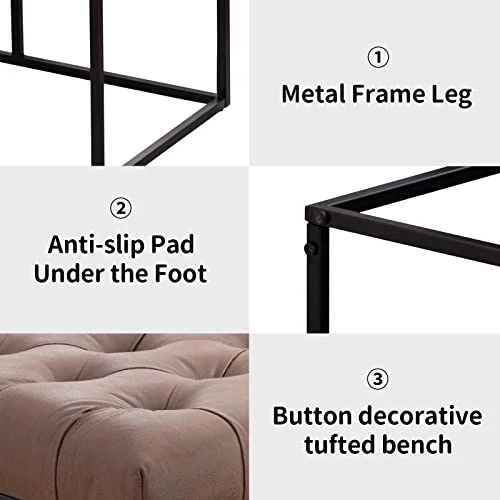 Bonzy Home Upholstered Ottoman Bench Button Tufted Faux Leather Metal Frame Dining Table Bench For Living Room Hallway Bedroom,22 X 16 X 17 Inch,Light Brown 6 Bonzy Home Upholstered Ottoman Bench Button Tufted Faux Leather Metal Frame Dining Table Bench For Living Room Hallway Bedroom,22 X 16 X 17 Inch,Light Brown - Image 4