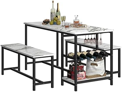 CENOVE Dining Table Set For 4, 3 Piece Kitchen Table With Bench, Small Dining Table Set For Apartment With Wine Rack For Breakfast Nook (White Statuario) 7 CENOVE Dining Table Set For 4, 3 Piece Kitchen Table With Bench, Small Dining Table Set For Apartment With Wine Rack For Breakfast Nook (White Statuario) - Image 5
