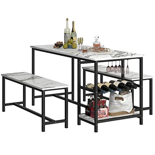 CENOVE Dining Table Set For 4, 3 Piece Kitchen Table With Bench, Small Dining Table Set For Apartment With Wine Rack For Breakfast Nook (White Statuario) 3 CENOVE Dining Table Set For 4, 3 Piece Kitchen Table With Bench, Small Dining Table Set For Apartment With Wine Rack For Breakfast Nook (White Statuario)