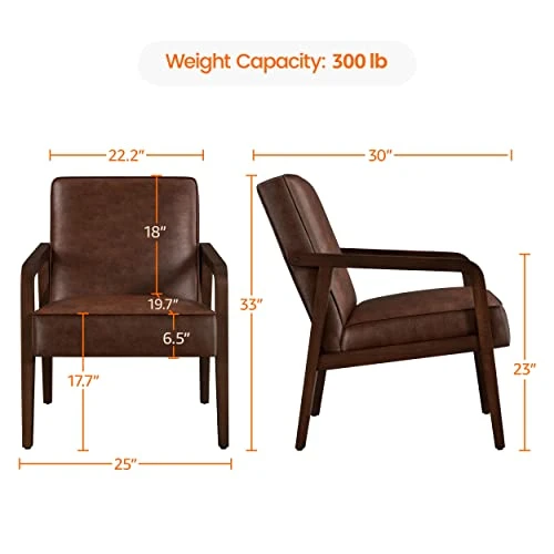 Yaheetech PU Leather Accent Chair, Mid-Century Modern Barrel Chair With Wooden Frame And Soft Thick Padded For Living Room Bedroom Home Office, Set Of 2, Dark Brown 4 Yaheetech PU Leather Accent Chair, Mid-Century Modern Barrel Chair With Wooden Frame And Soft Thick Padded For Living Room Bedroom Home Office, Set Of 2, Dark Brown - Image 2