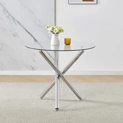 BELIFEGLORY Dining Table With Chairs Set, 5PCS Round Glass Table Set Modern Tempered Glass Top Table With 4 Velvet Chairs Dining Room Furniture -Amazon Store 419OIMAGEOL