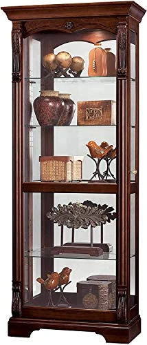 Howard Miller Bernadette Curio Cabinet 680-501 – Hampton Cherry Finish, Heavily Distressed Home Decor, Four Glass Shelves, Five Level Display Case, Locking Slide Door, Halogen Light