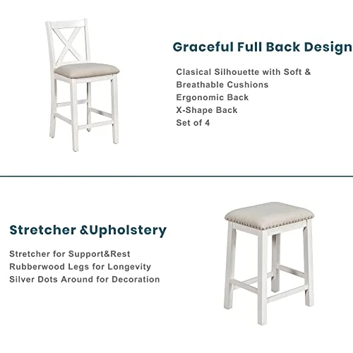 BEDGJH Rustic Counter Height Dining Table Set, 5 Pieces Wooden Bar Table Set With 2 Stools And 2 Chairs, Multipurpose Kitchen Dining Room Set For 4 (White) 5 BEDGJH Rustic Counter Height Dining Table Set, 5 Pieces Wooden Bar Table Set With 2 Stools And 2 Chairs, Multipurpose Kitchen Dining Room Set For 4 (White) - Image 3