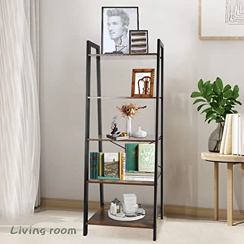 ECOMEX 5 Tier Ladder Shelf, Industrial Ladder Shelf 5 Tier Bookshelf Rustic Ladder Shelf Freestanding Storage Rack With Metal Frame For Home Living Room Bedroom Office, Brown 4 ECOMEX 5 Tier Ladder Shelf, Industrial Ladder Shelf 5 Tier Bookshelf Rustic Ladder Shelf Freestanding Storage Rack With Metal Frame For Home Living Room Bedroom Office, Brown - Image 2