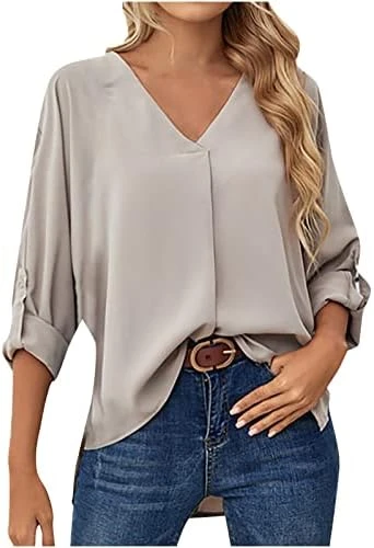 Chiffon Blouses For Women,3/4 Sleeve Fashion V Neck Loose Pullover Top Solid Color Business Elegant Shirts 12 Chiffon Blouses For Women,3/4 Sleeve Fashion V Neck Loose Pullover Top Solid Color Business Elegant Shirts - Image 10